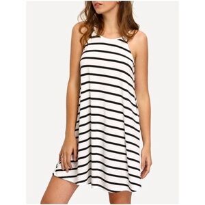 Black White Striped Strappy Swing Shift Dress